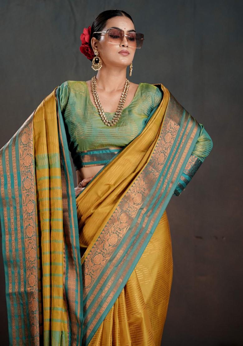 Mustard Zari Work Silk Saree Set - Indya