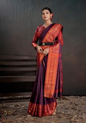 Purple Zari Work Silk Saree Set