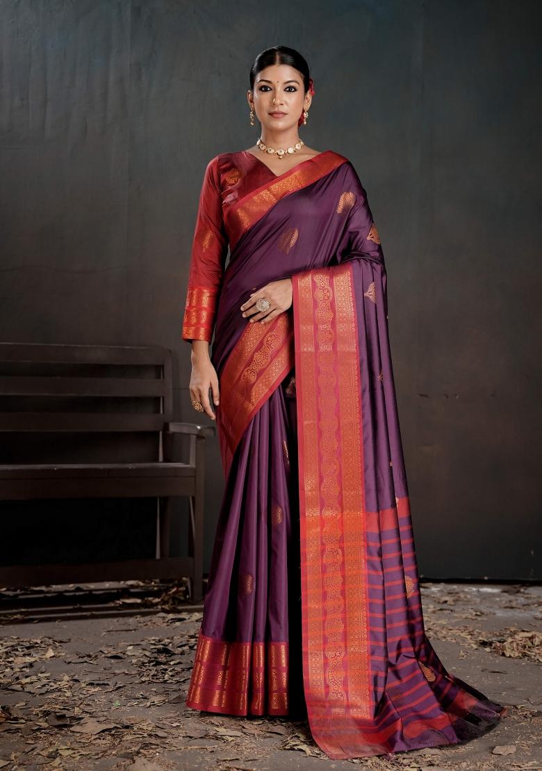 Purple Zari Work Silk Saree Set - Indya