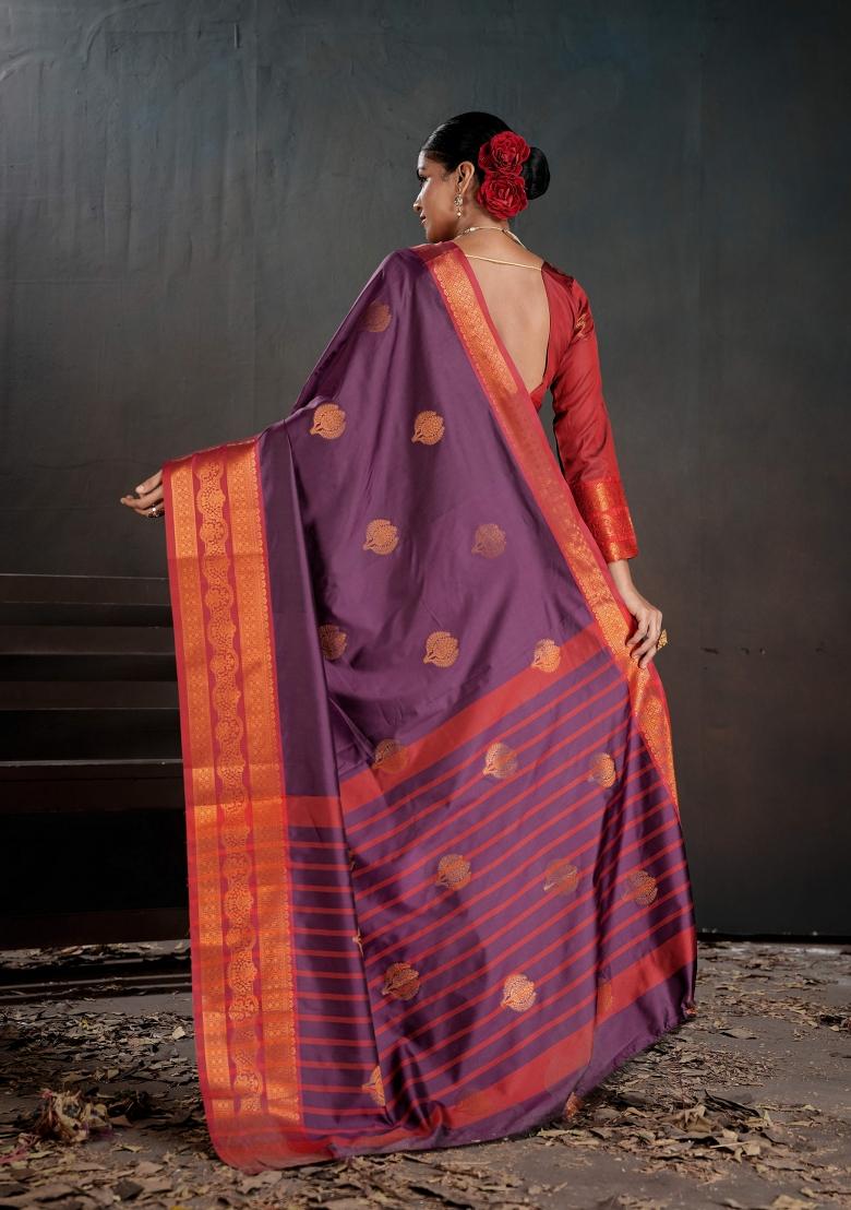 Purple Zari Work Silk Saree Set - Indya