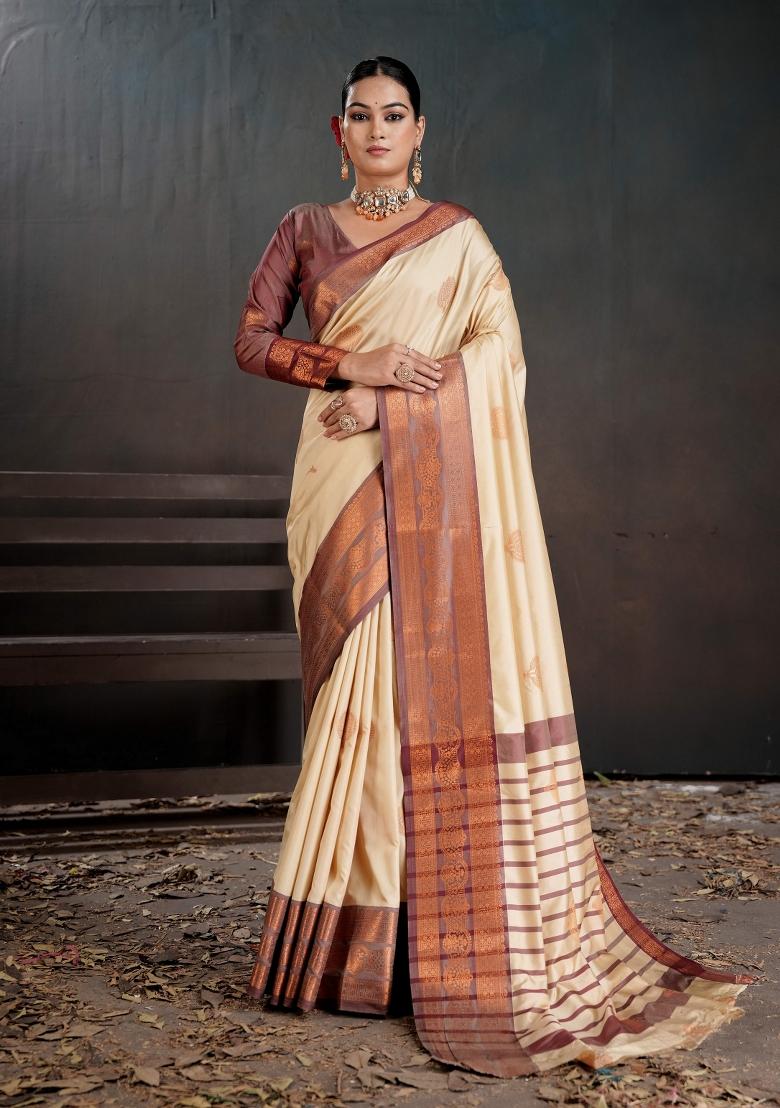 Off White Zari Work Silk Saree Set - Indya