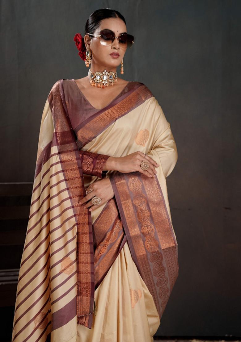 Off White Zari Work Silk Saree Set - Indya