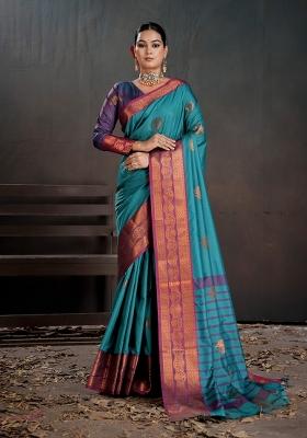 Teal Zari Work Silk Saree Set