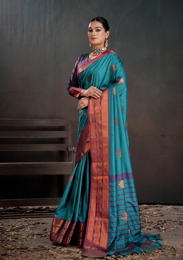 Teal Zari Work Silk Saree Set - Indya