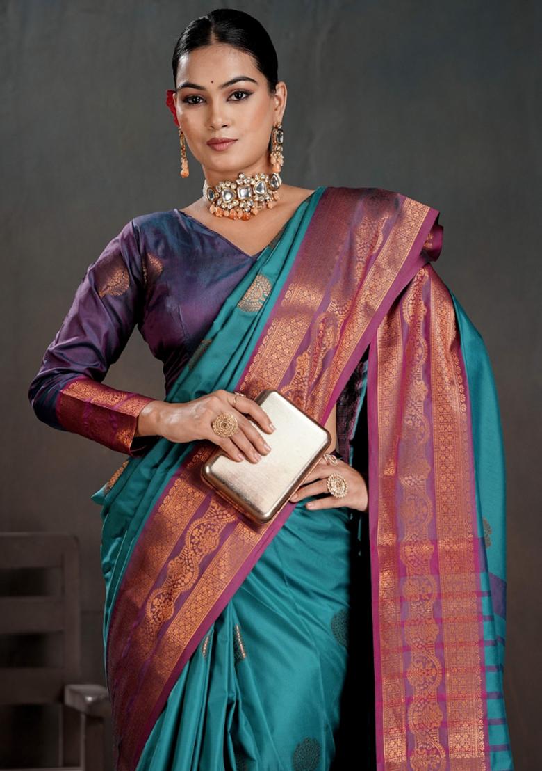 Teal Zari Work Silk Saree Set - Indya