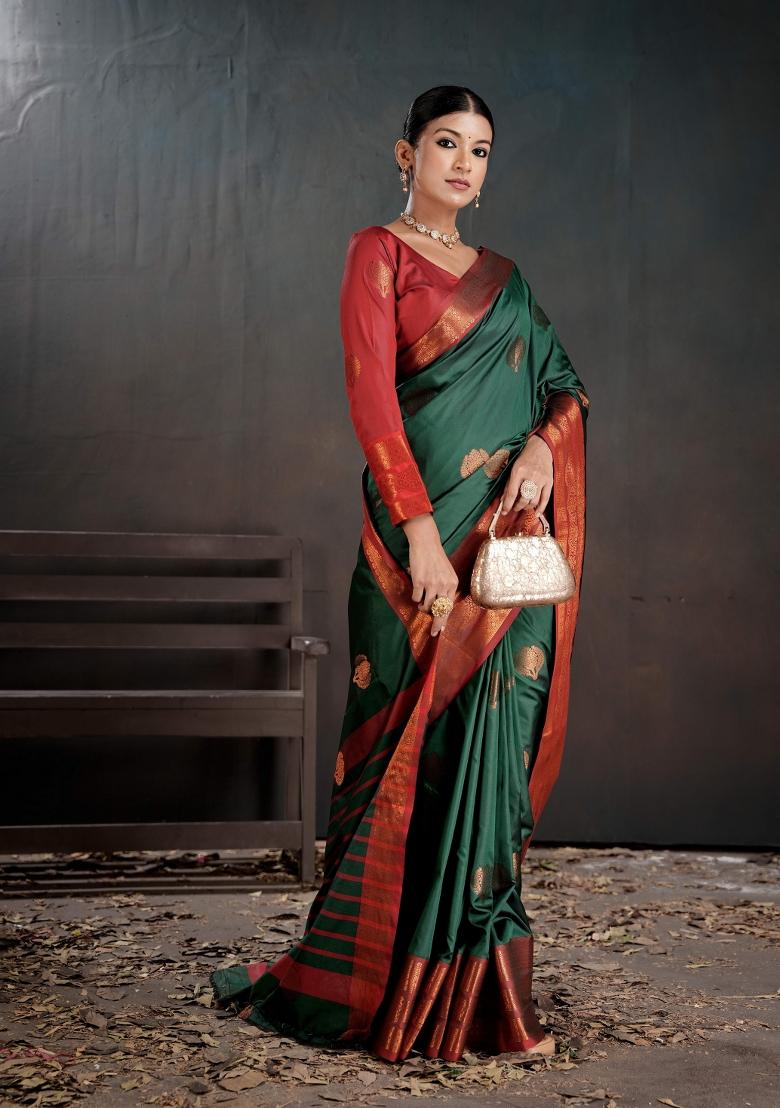 Green Zari Work Silk Saree Set - Indya