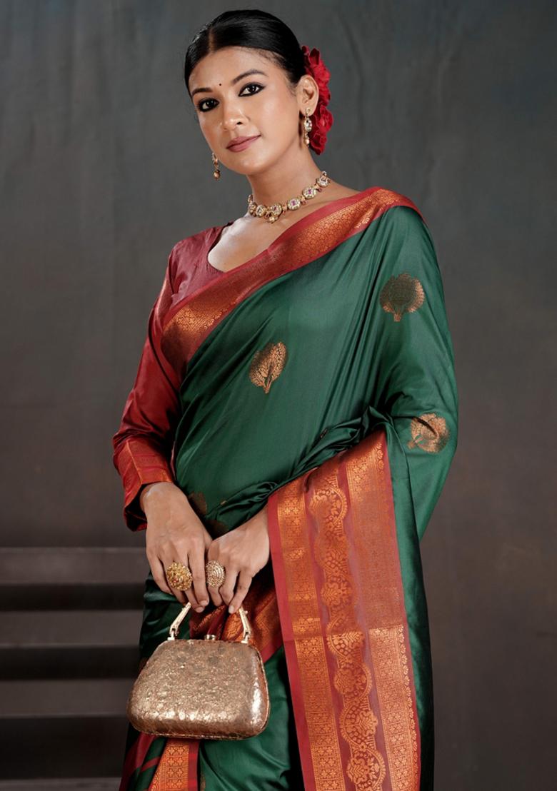 Green Zari Work Silk Saree Set - Indya