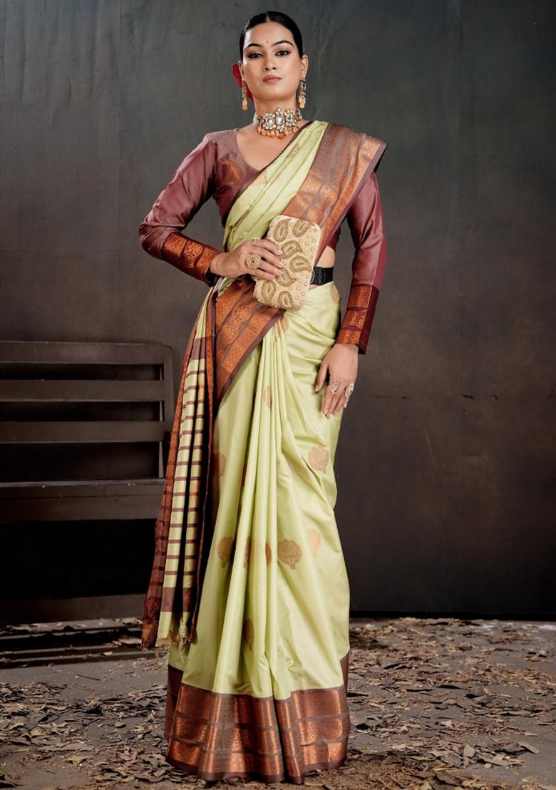 Green Zari Work Silk Saree Set - Indya