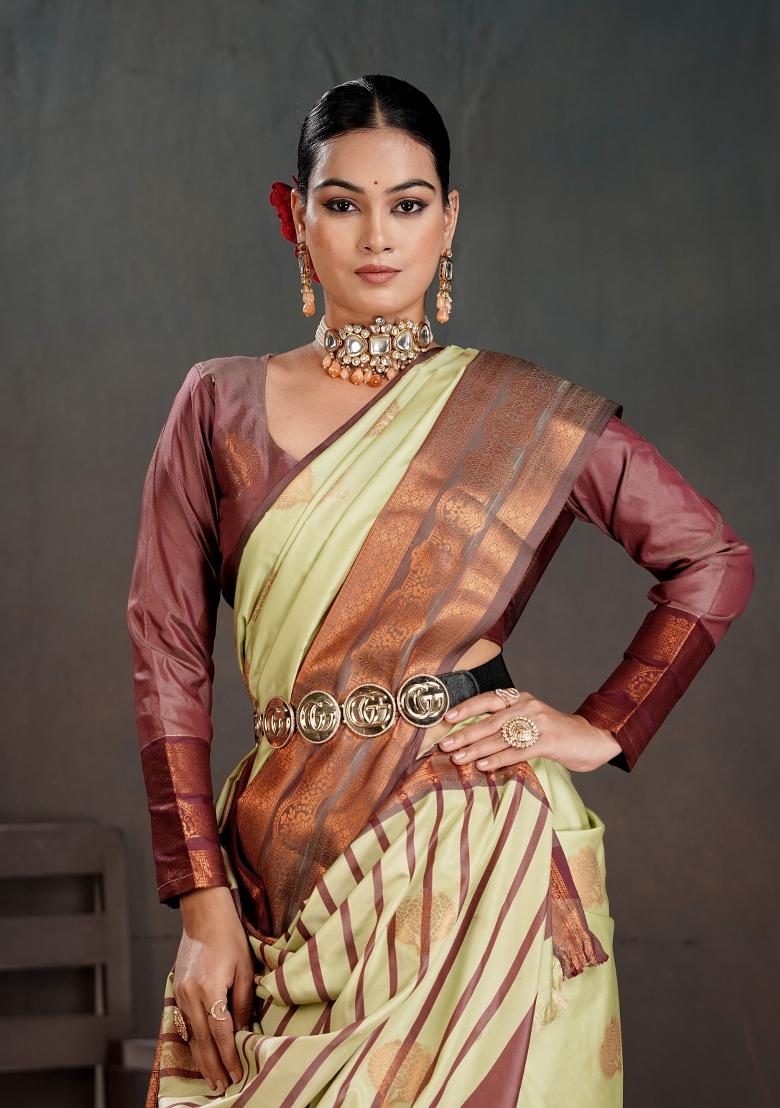 Green Zari Work Silk Saree Set - Indya