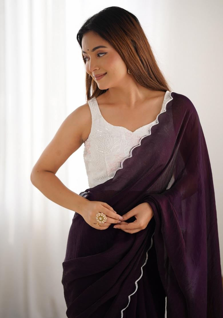 Purple Abstract Tissue Saree Set - Indya