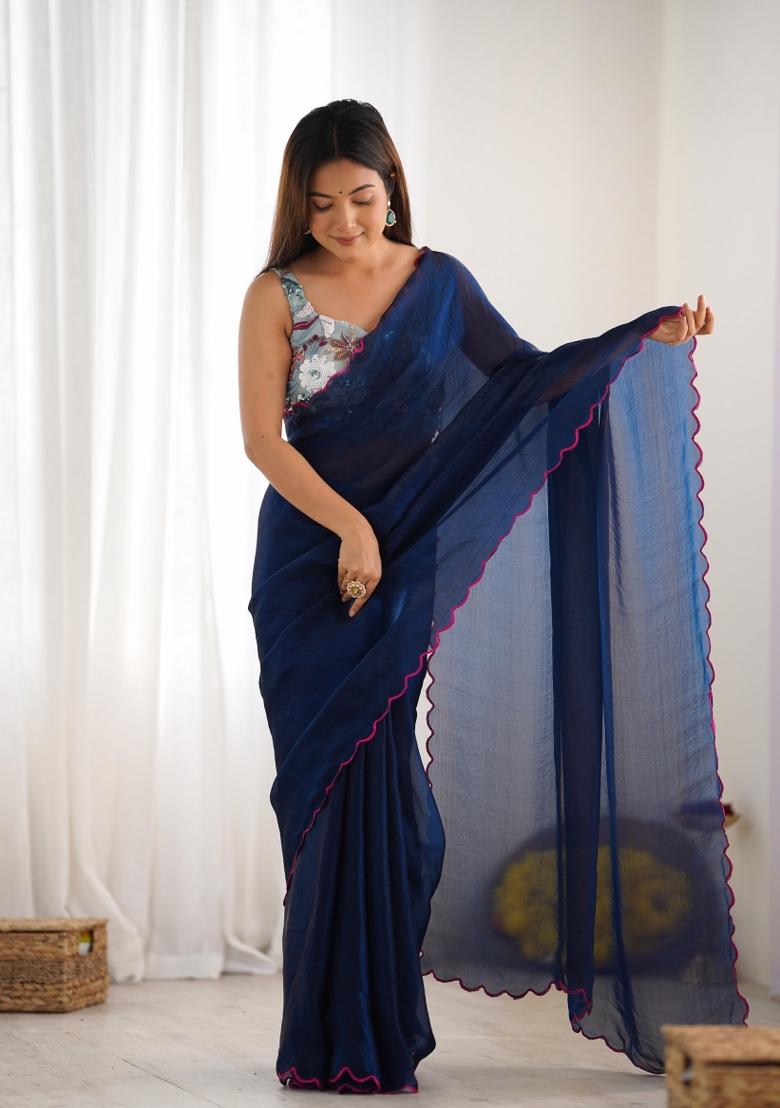 Teal Abstract Tissue Saree Set - Indya
