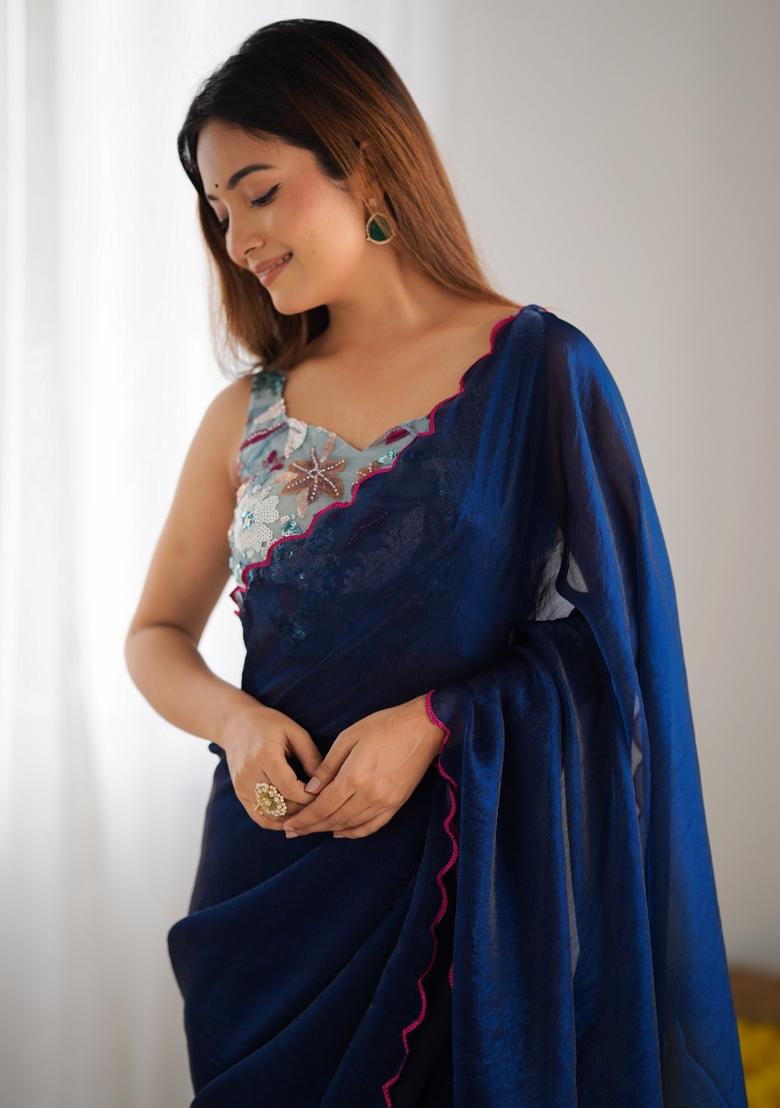 Teal Abstract Tissue Saree Set - Indya