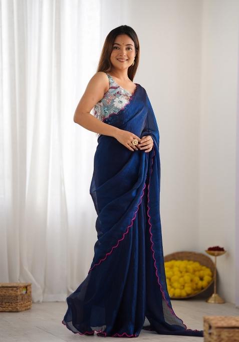 Teal Abstract Tissue Saree Set