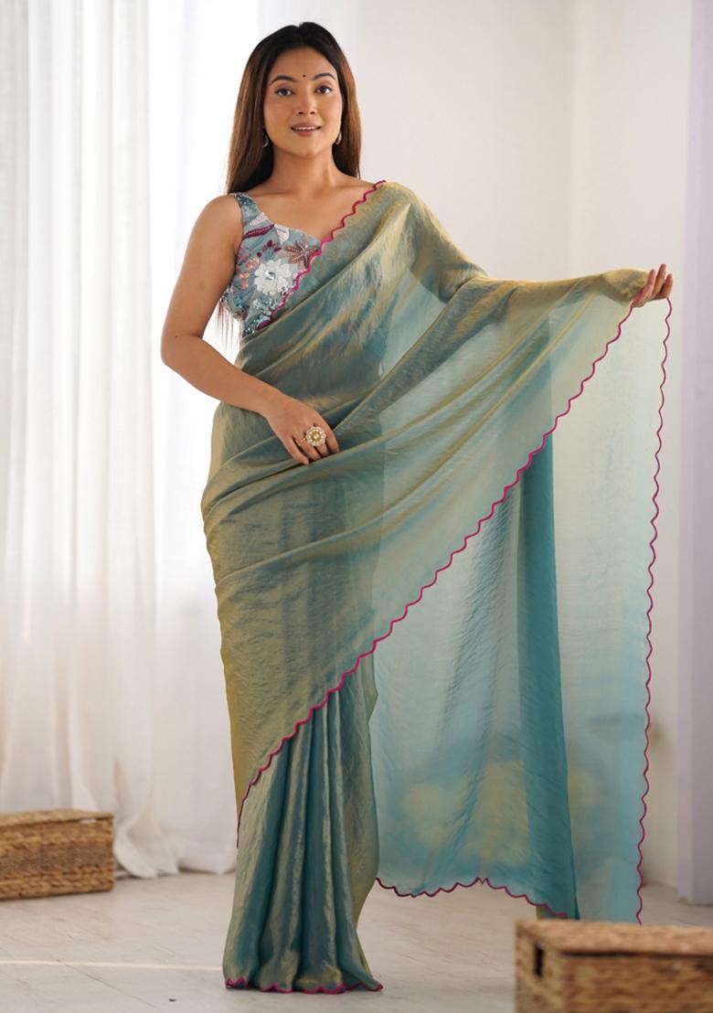 Sky Blue Abstract Tissue Saree Set - Indya