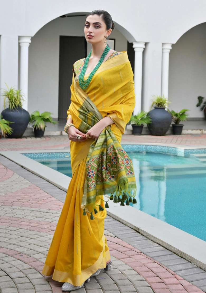 Mustard Zari Work Silk Saree Set for Diwali and Festive Wear - Indya
