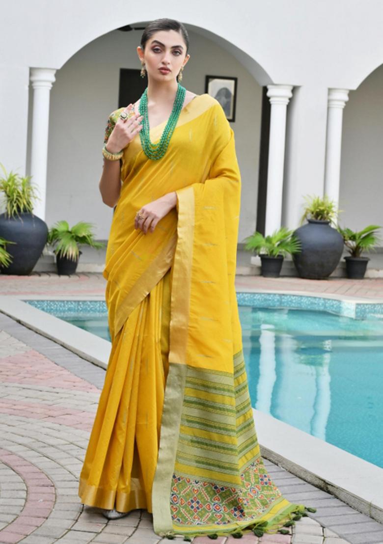 Mustard Zari Work Silk Saree Set - Indya