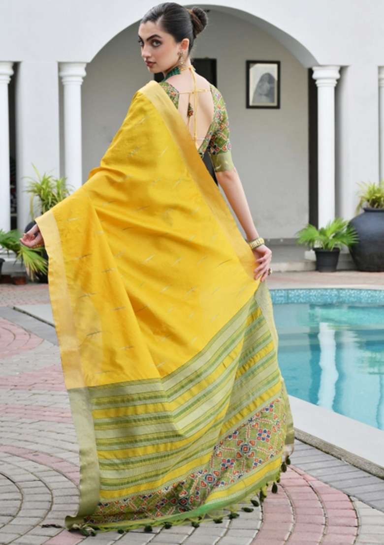 Mustard Zari Work Silk Saree Set for Diwali and Festive Wear - Indya