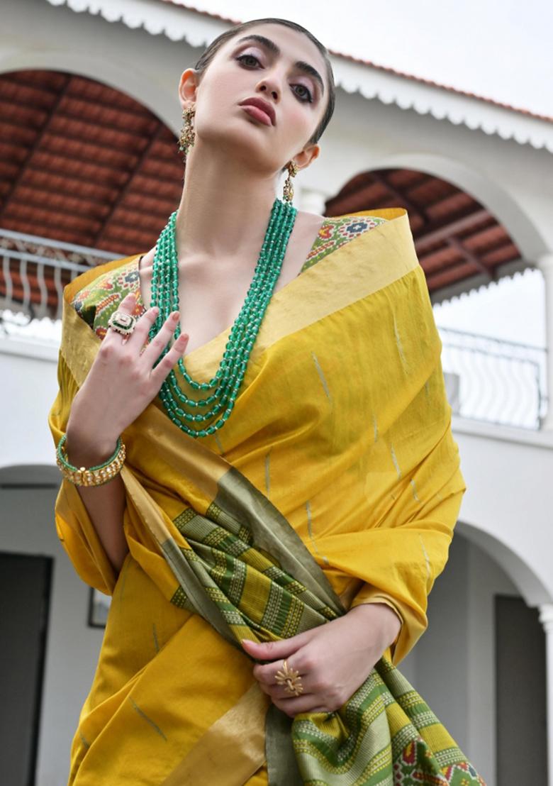 Mustard Zari Work Silk Saree Set - Indya