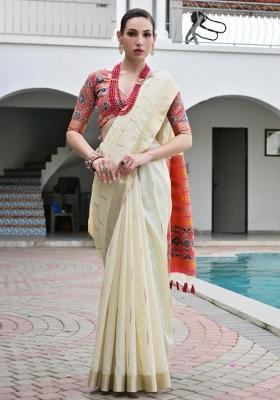 Off White Zari Work Silk Saree Set
