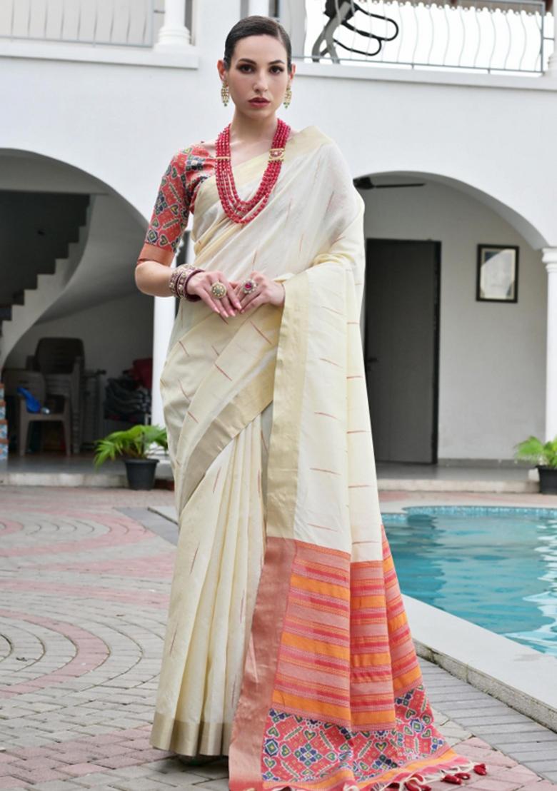 Off White Zari Work Silk Saree Set - Indya