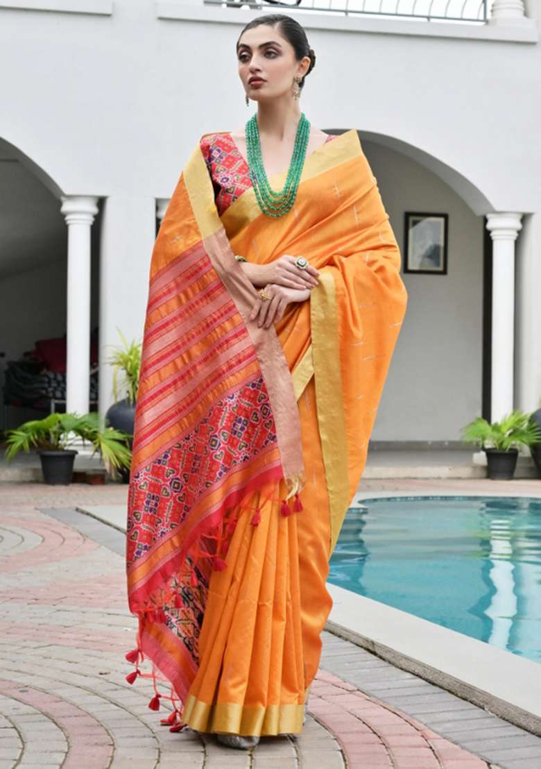 Orange Zari Work Silk Saree Set for Diwali and Festive Wear - Indya