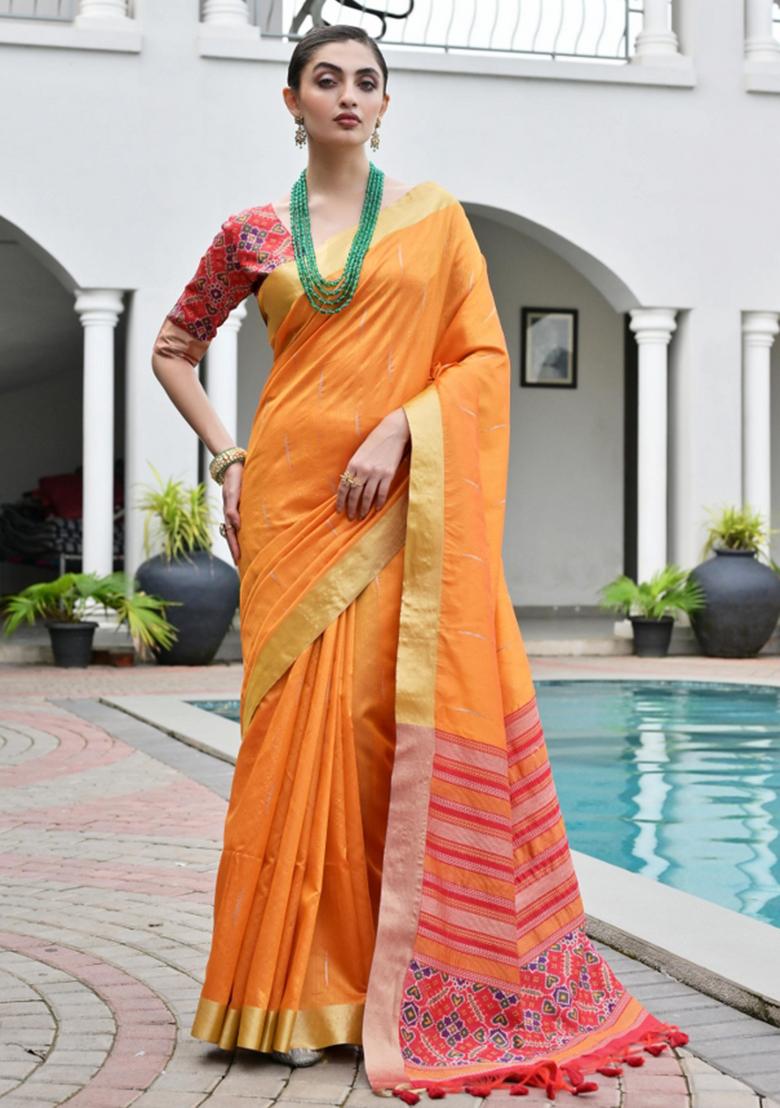 Orange Zari Work Silk Saree Set - Indya