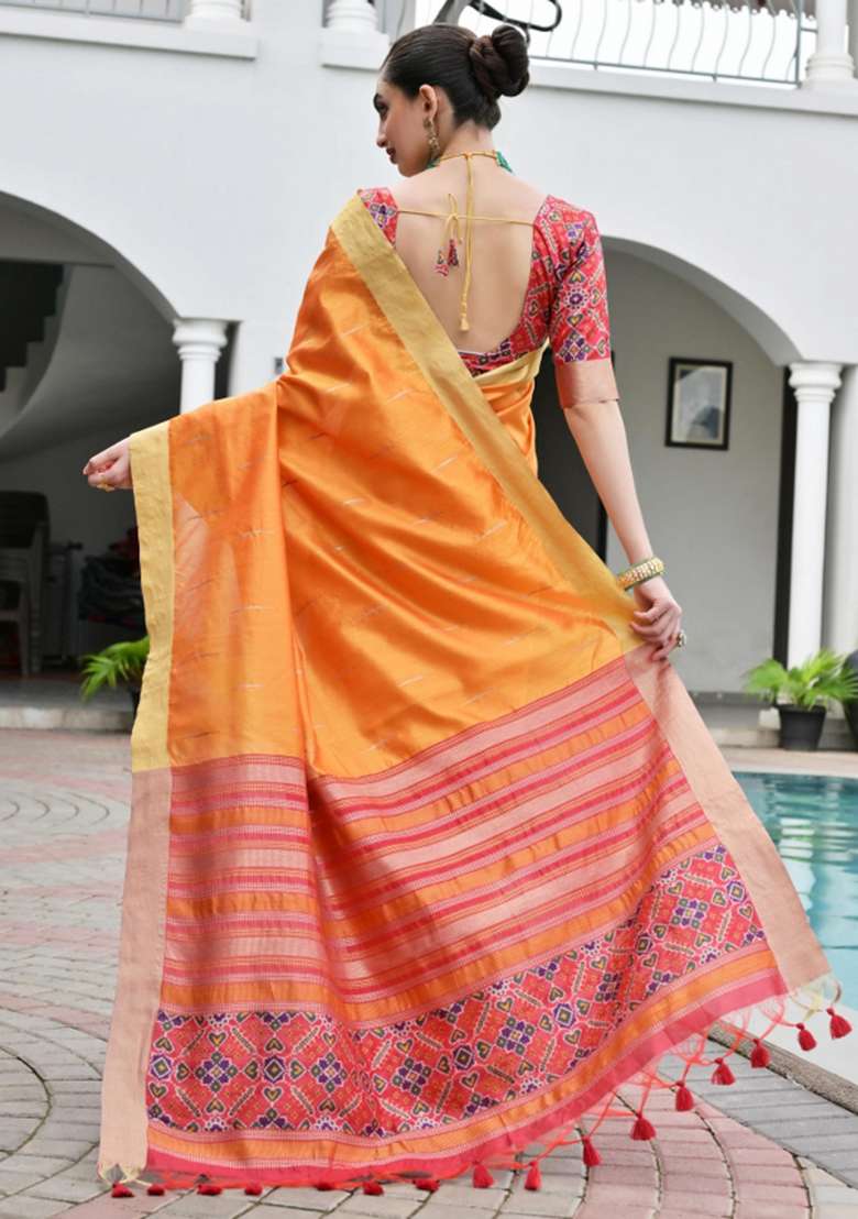 Orange Zari Work Silk Saree Set for Diwali and Festive Wear - Indya