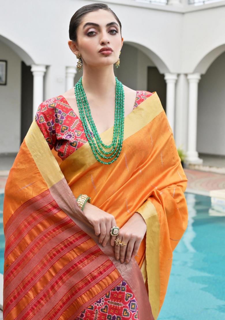 Orange Zari Work Silk Saree Set - Indya