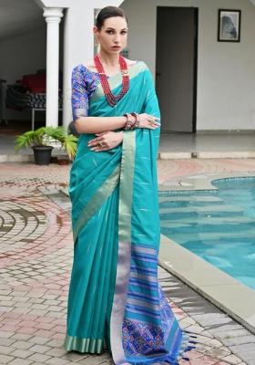 Blue Zari Work Silk Saree Set