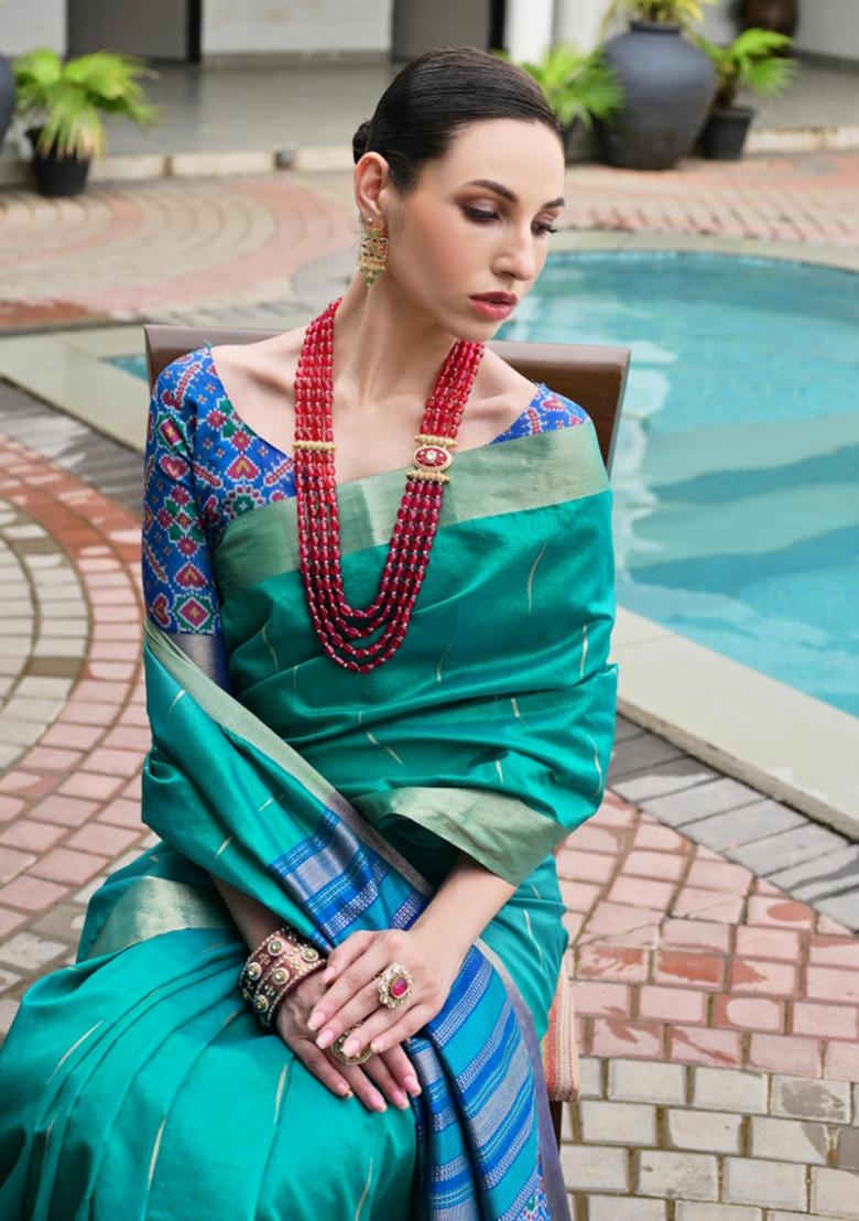 Blue Zari Work Silk Saree Set - Indya