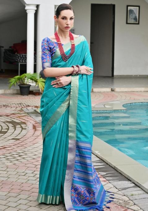Blue Zari Work Silk Saree Set