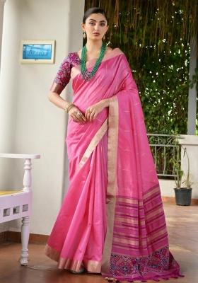 Pink Zari Work Silk Saree Set