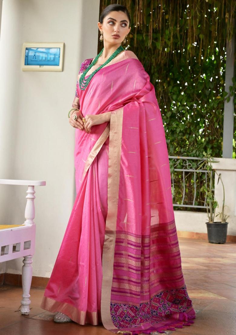 Pink Zari Work Silk Saree Set - Indya