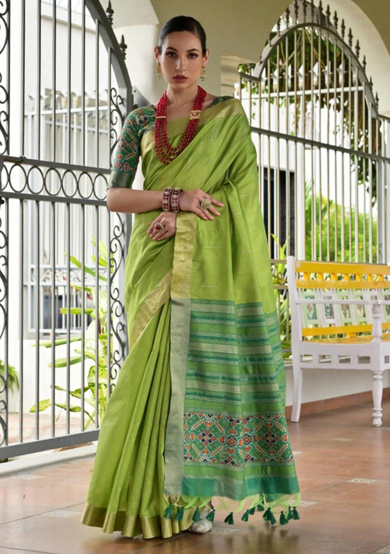 Green Zari Work Silk Saree Set - Indya