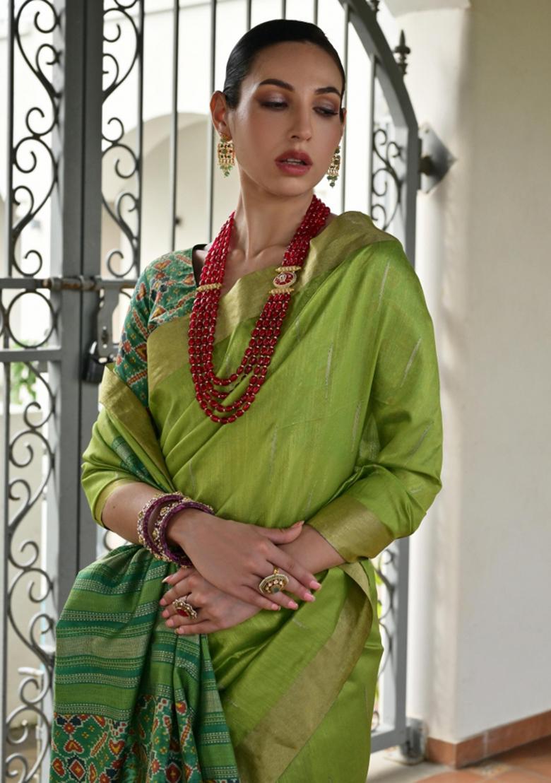 Green Zari Work Silk Saree Set - Indya