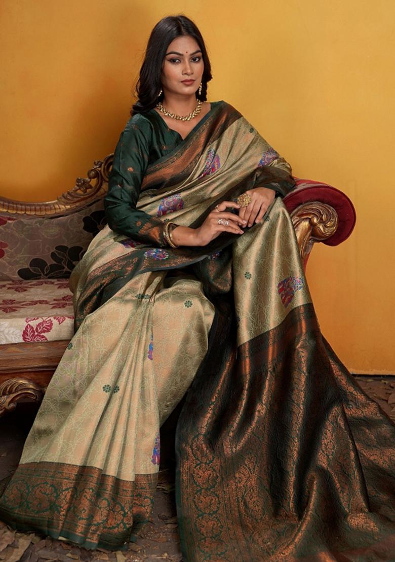 Green Zari Work Silk Saree Set - Indya