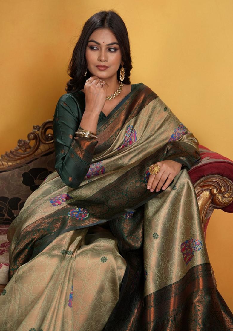 Green Zari Work Silk Saree Set - Indya