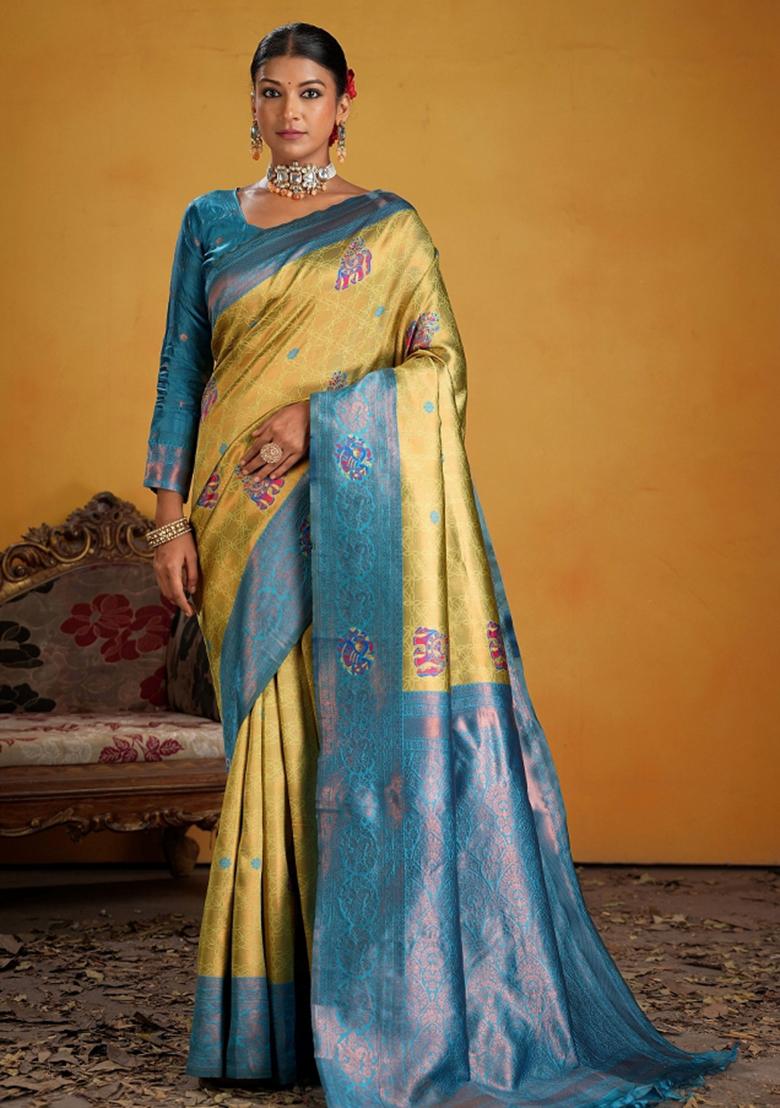 Blue Zari Work Silk Saree Set - Indya