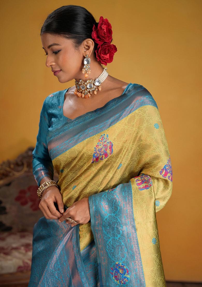 Blue Zari Work Silk Saree Set - Indya