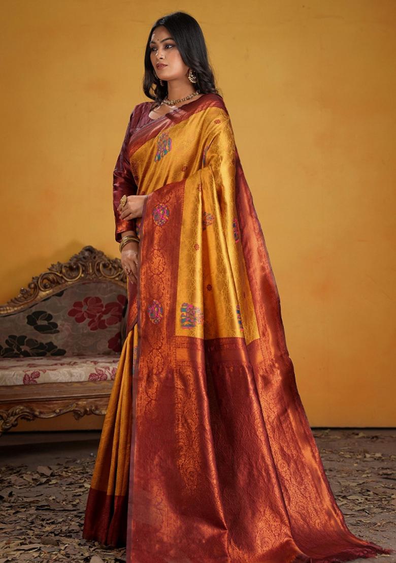 Maroon Zari Work Silk Saree Set - Indya