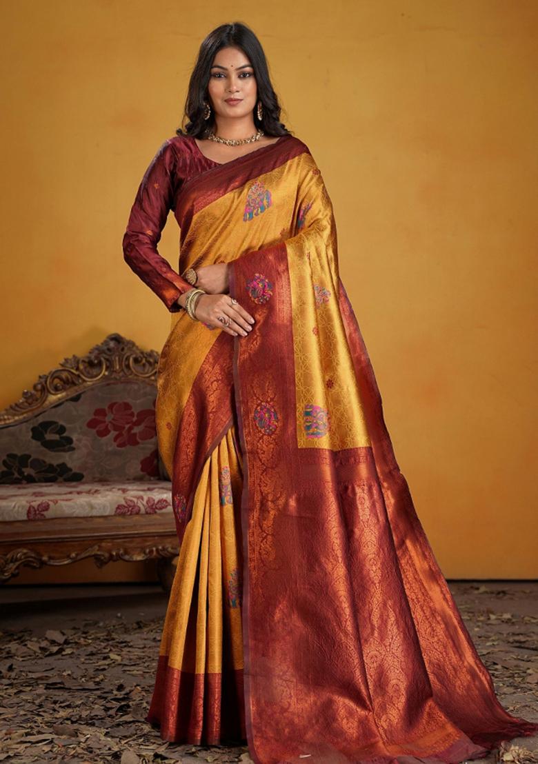 Maroon Zari Work Silk Saree Set - Indya