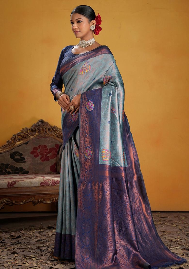 Blue Zari Work Silk Saree Set - Indya