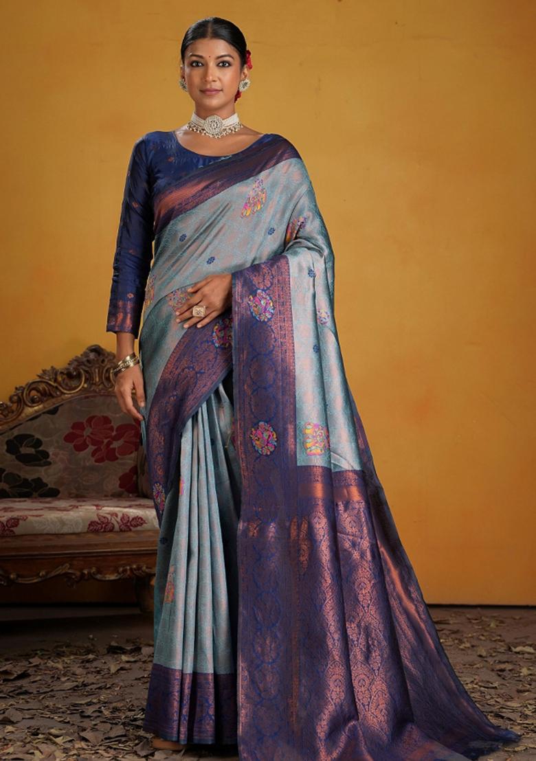 Blue Zari Work Silk Saree Set - Indya