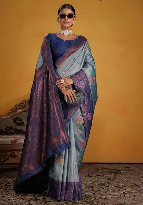 Blue Zari Work Silk Saree Set