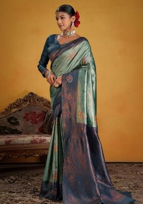 Teal Zari Work Silk Saree Set