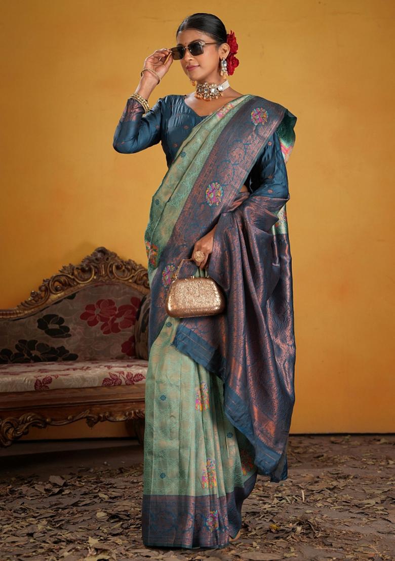 Teal Zari Work Silk Saree Set - Indya