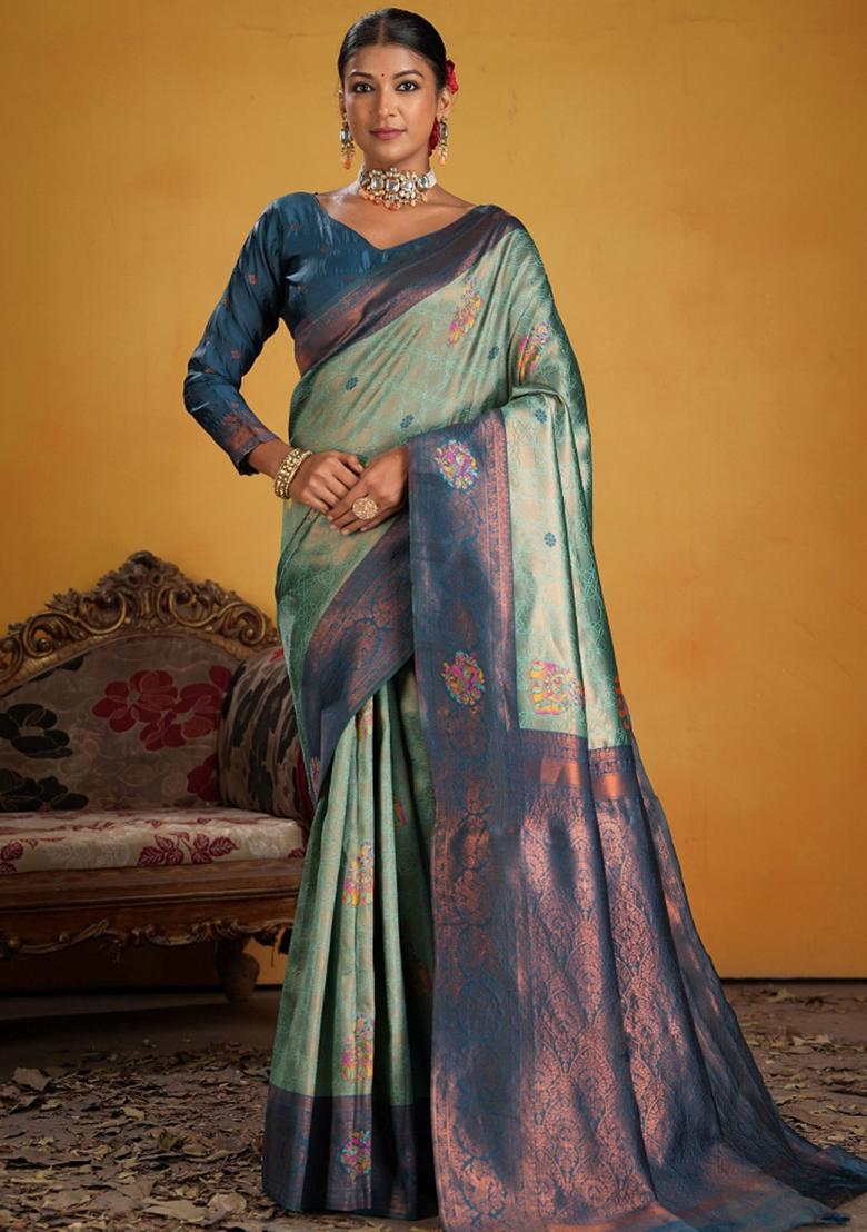 Teal Zari Work Silk Saree Set - Indya