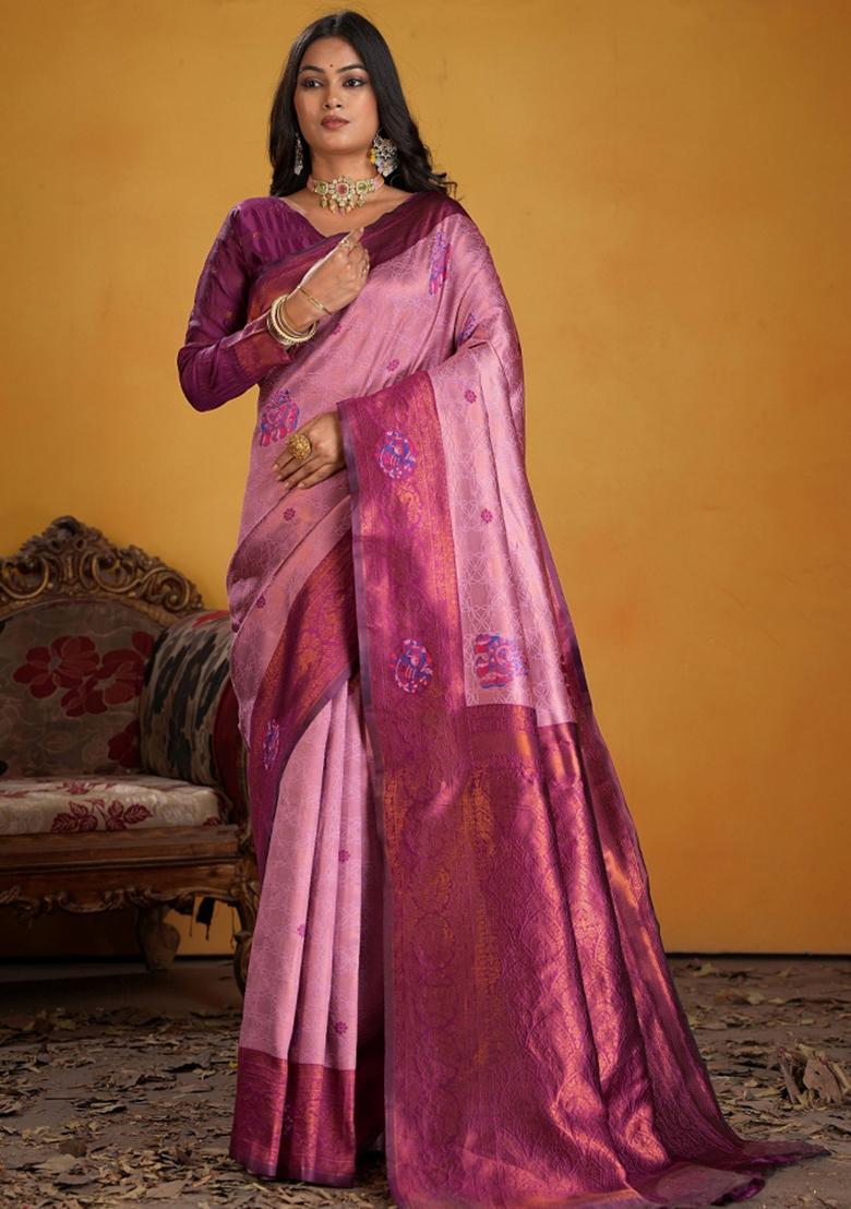 Wine Zari Work Silk Saree Set - Indya