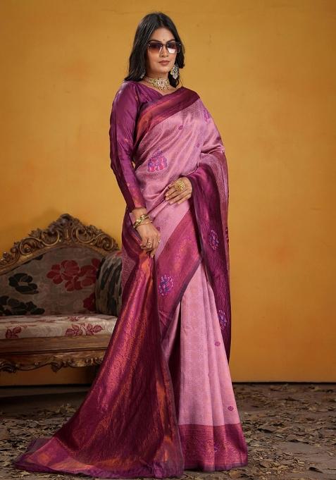 Wine Zari Work Silk Saree Set