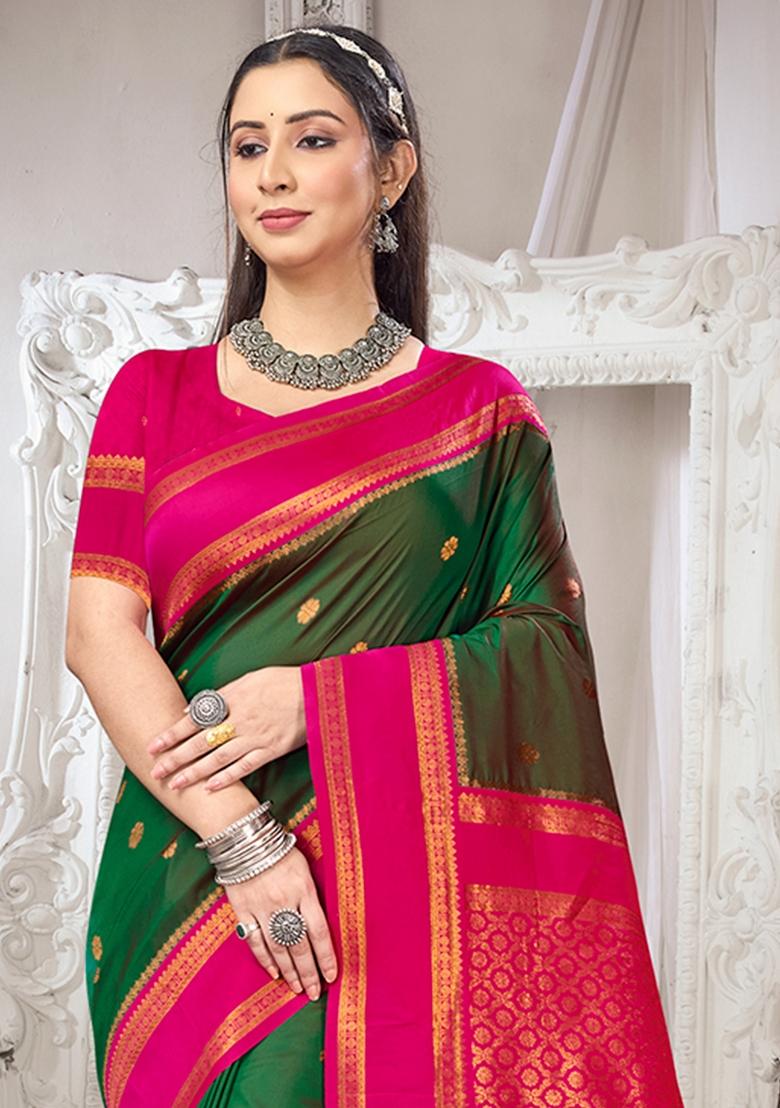 Green Zari Work Silk Saree Set - Indya